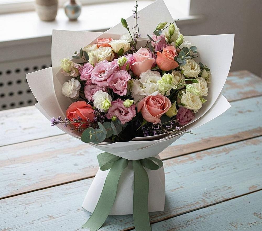 Букет цветов из: Розы, Лизиантусы и Гвоздики в Тарусе