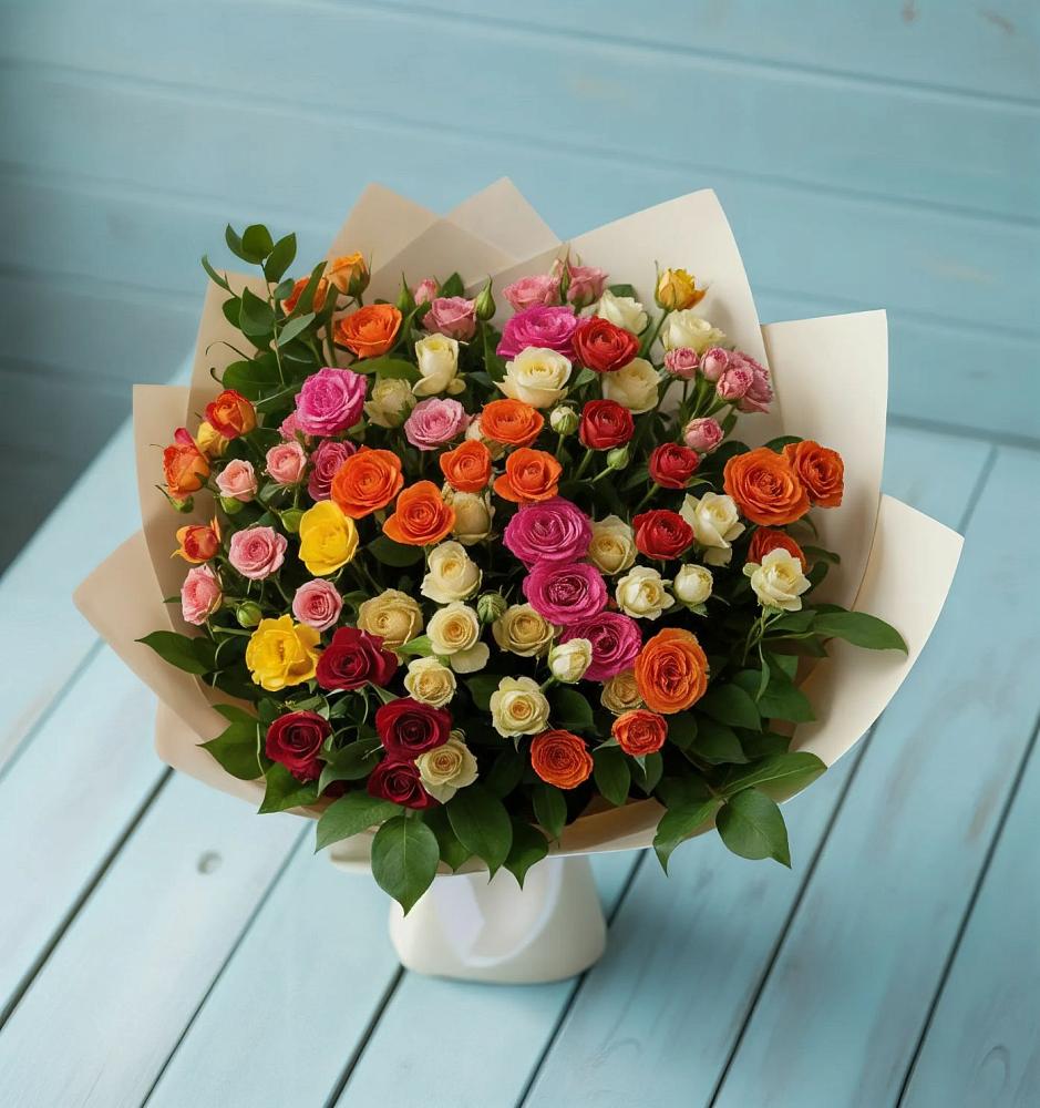 Букет Микс из разноцветных кустовых роз в Тарусе