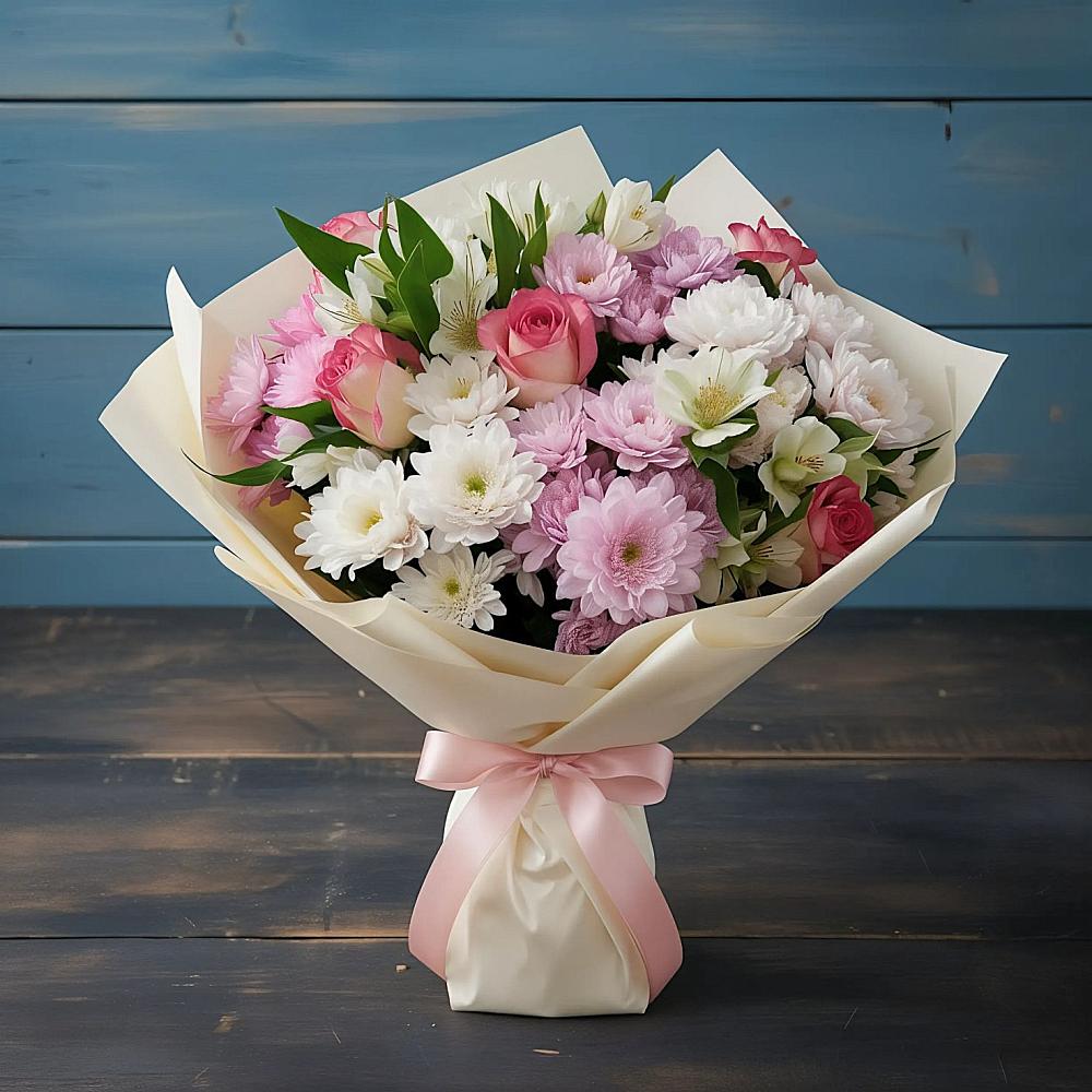 Букет цветов из: Хризантемы, Альстромерии и Розы в Тарусе